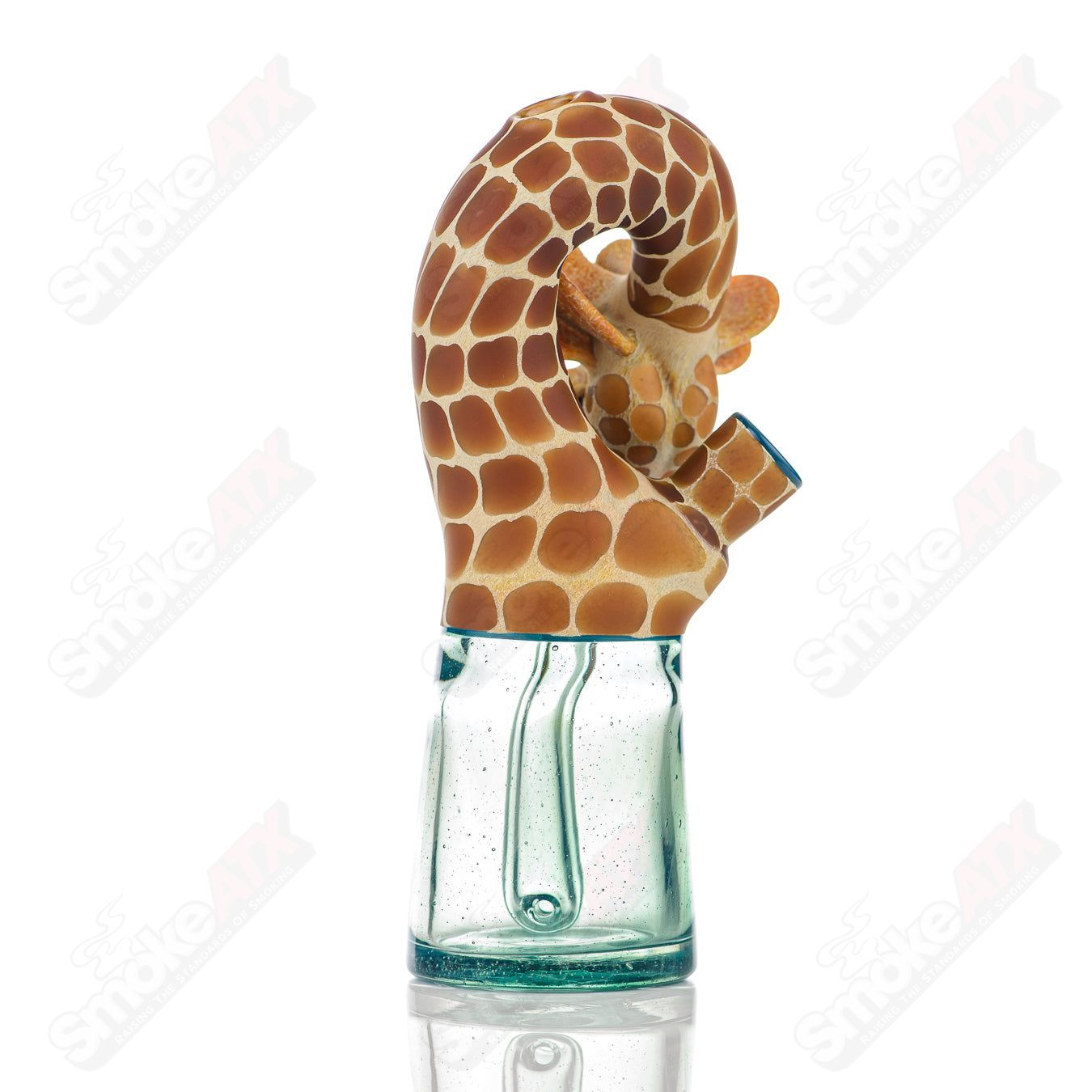 Robertson Glass Giraffe Bent Neck Bottle Rig for concentrates, featuring a honey badger design, in clear heady glass.