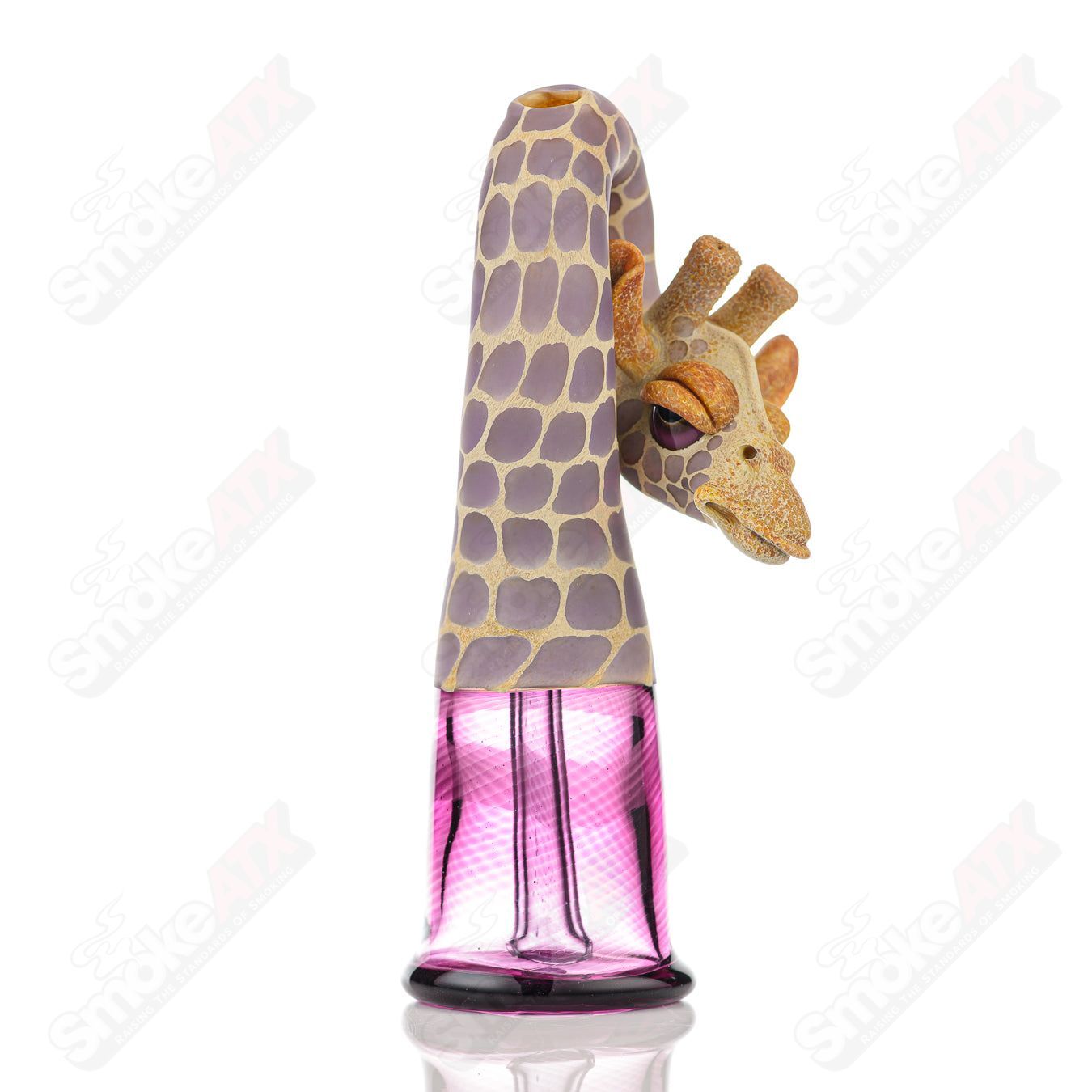 Robertson Glass Giraffe Bent Neck Bottle Rig for concentrates in Purple Rain and Royal Jelly colors, featuring a tall, curved design.