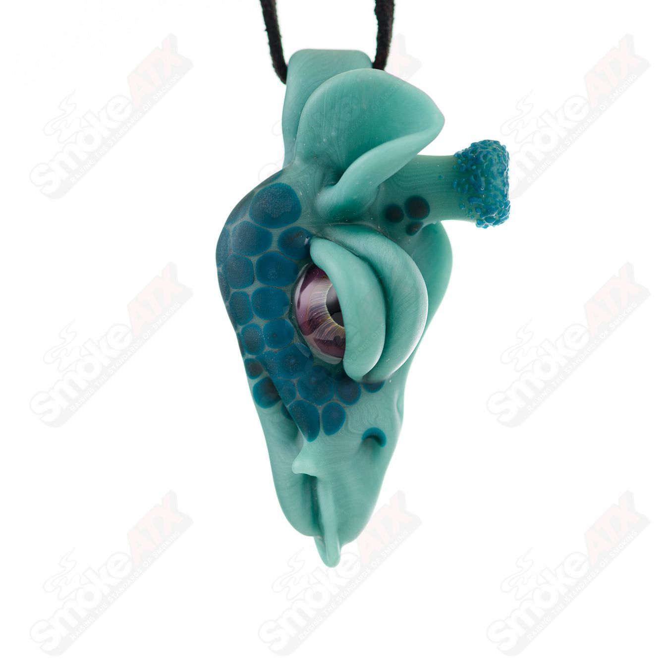 Robertson Glass giraffe pendant with aqua and peacock colors, handcrafted heady glass jewelry piece.