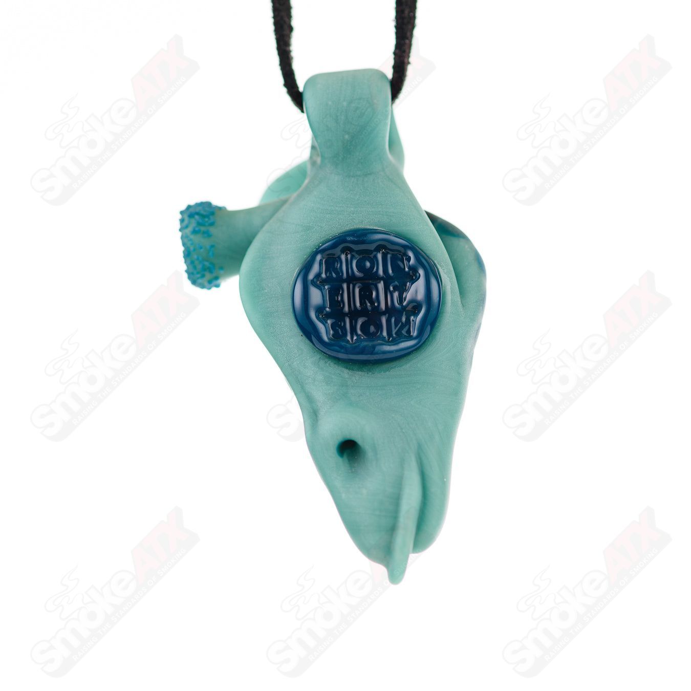 Robertson Glass giraffe pendant with aqua and peacock colors, handcrafted heady glass jewelry piece.