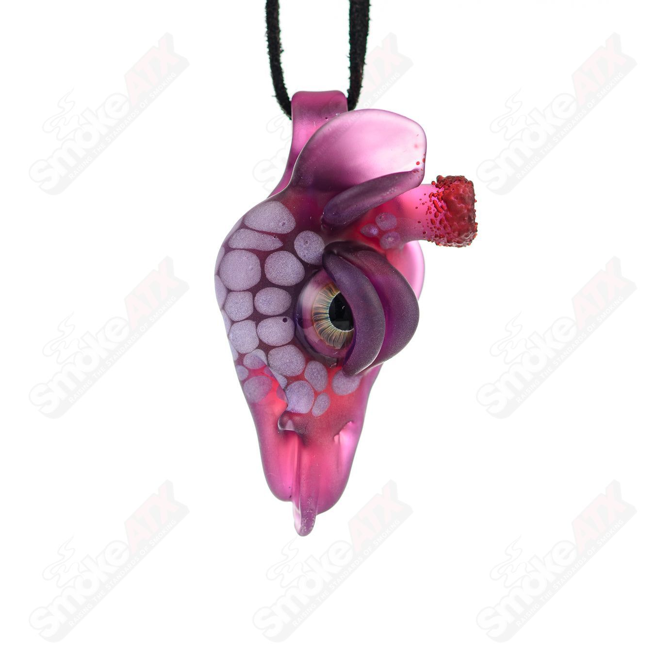Robertson Glass giraffe pendant with Royal Jelley and Wisteria colors, handcrafted heady glass jewelry piece.