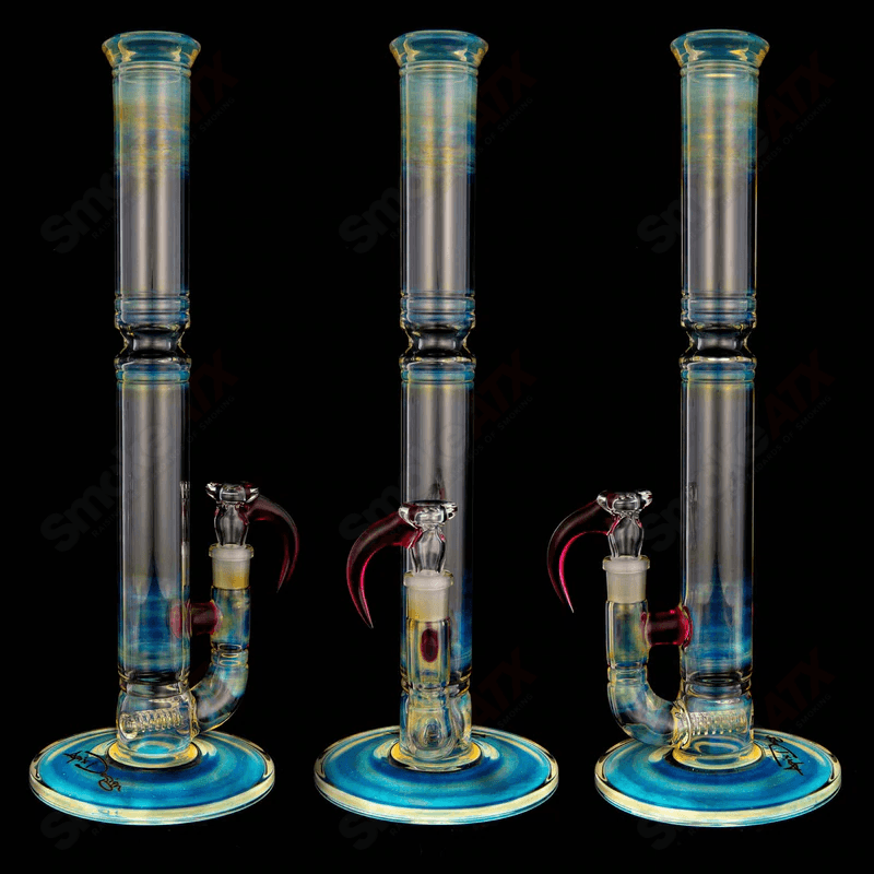 Gold ruby and silver fumed glass stemline heavy wall tube by Apix Designs, 45x5 inches, straight glass tube with intricate fumed detailing.