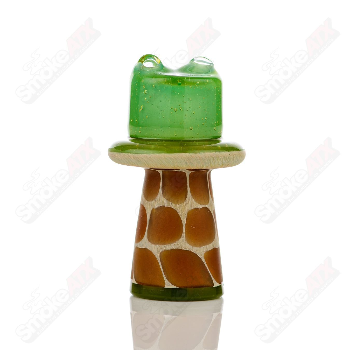 Green Giraffe Spinner Cap with Pearl detail from Robertson Glass, designed for heady glass carb caps, featuring vibrant green and intricate glasswork.