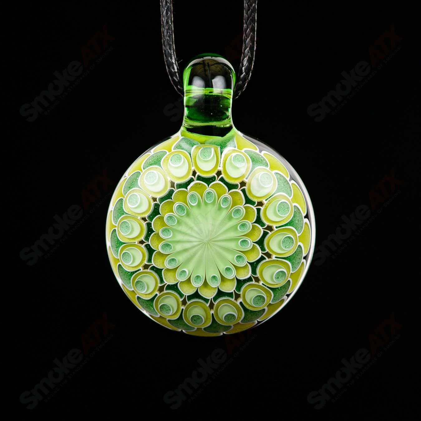 Green No Opal Dot Stack Pendant by Olour, featuring layered glass pendant with colorful dot design, handmade jewelry piece.
