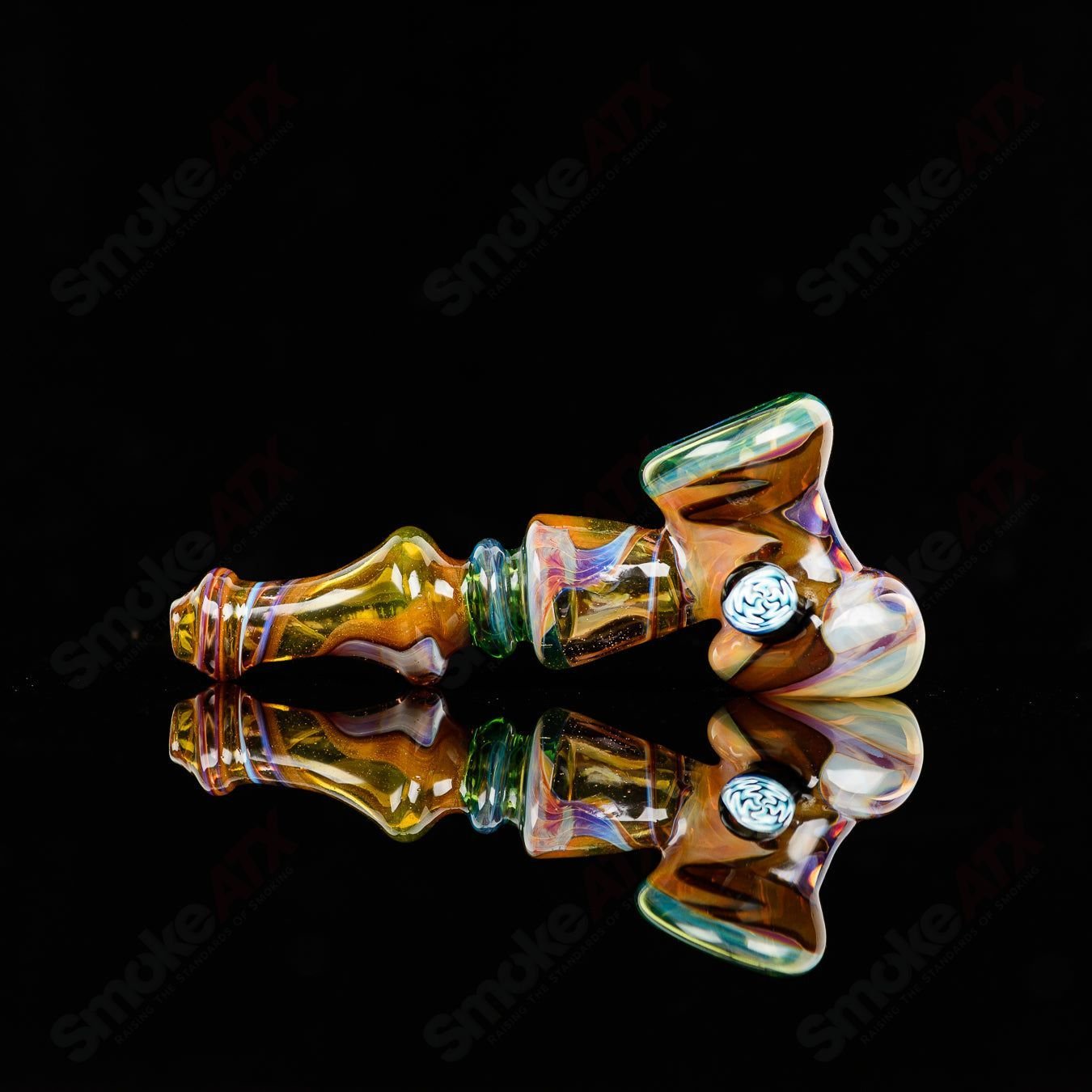 Glass pipe from Baby Dabs featuring a Hammer Baby Dabs x Gus design, showcasing colorful artwork and smooth glass craftsmanship.