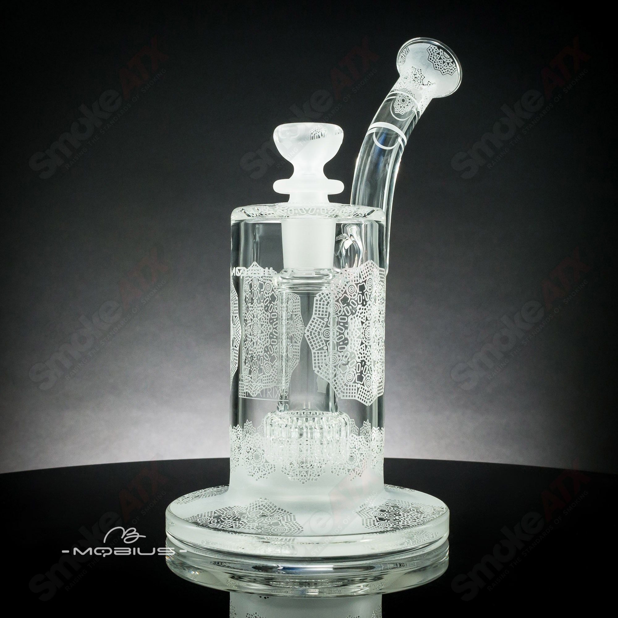Mobius Ion Matrix V1 Coldwork Series #5 glass waterpipe with intricate design and clear glass construction.