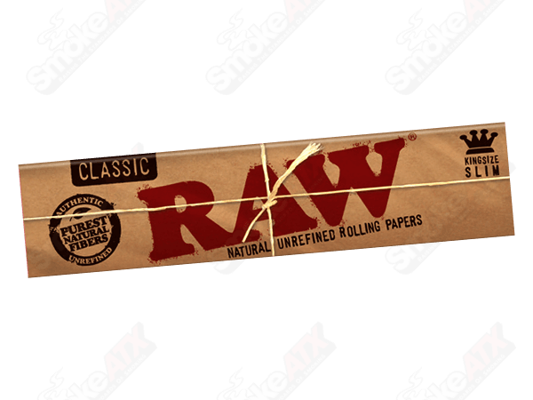 King Size Slim Classic RAW rolling papers, thin and natural for smooth rolling, shown in a close-up image.