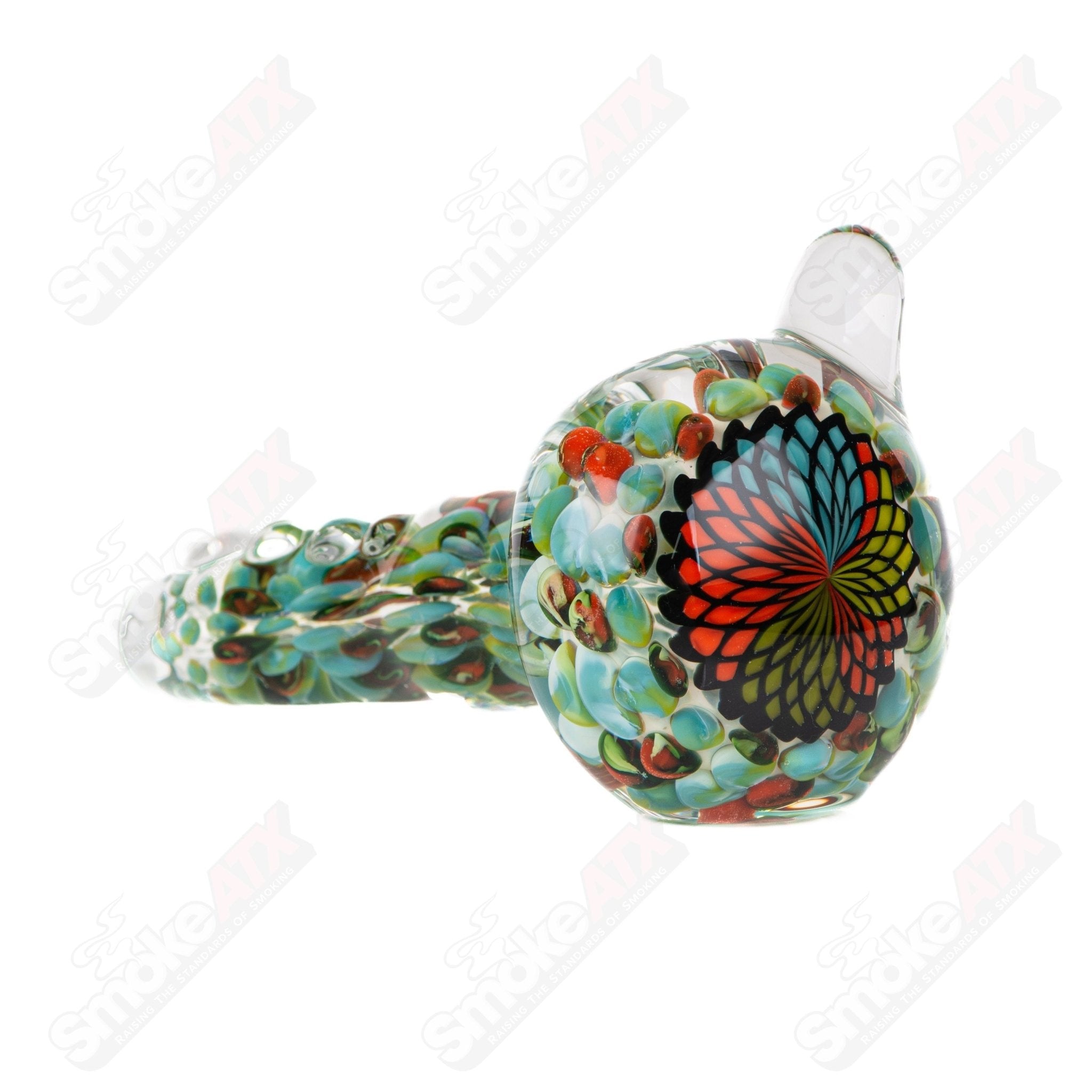 Large Fillacello Glass Spoon Pipe by Rotational Science, showcasing its smooth, rounded design and clear glass construction.