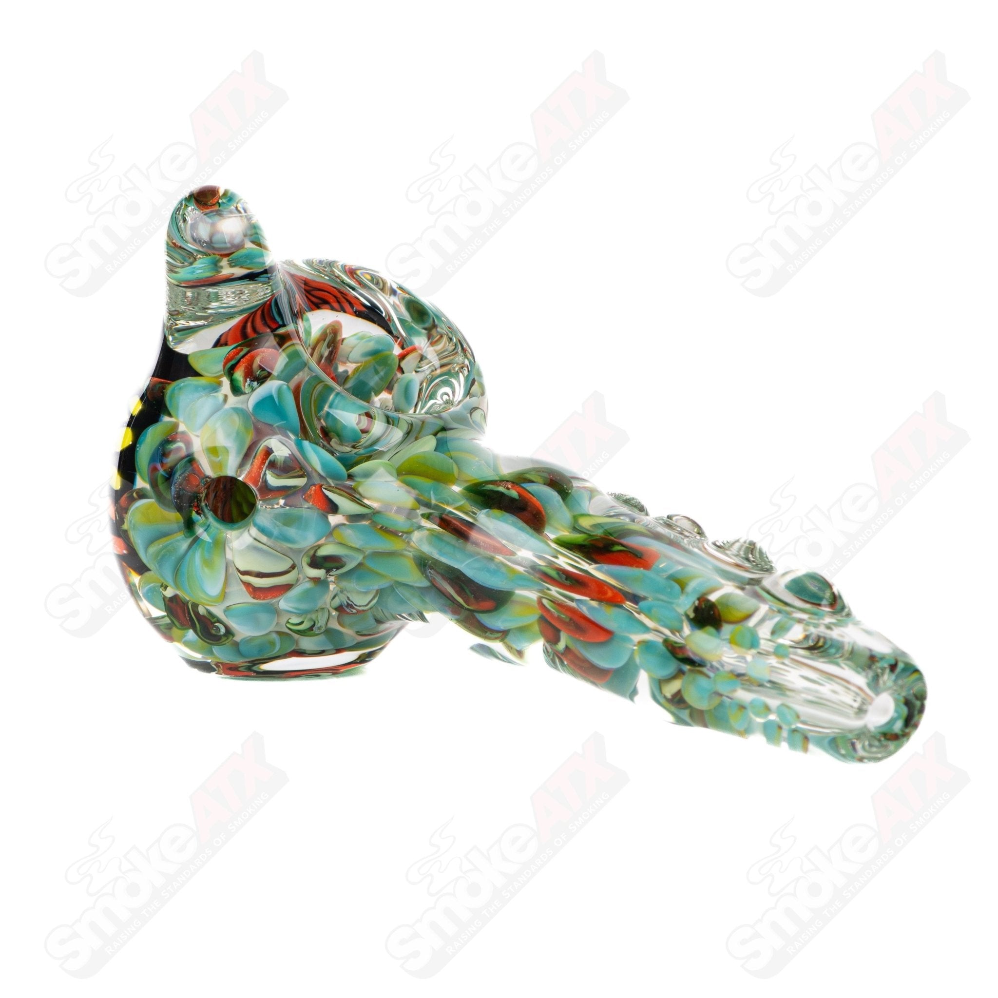 Large Fillacello spoon glass pipe by Rotational Science, showcasing intricate design and clear glass construction.