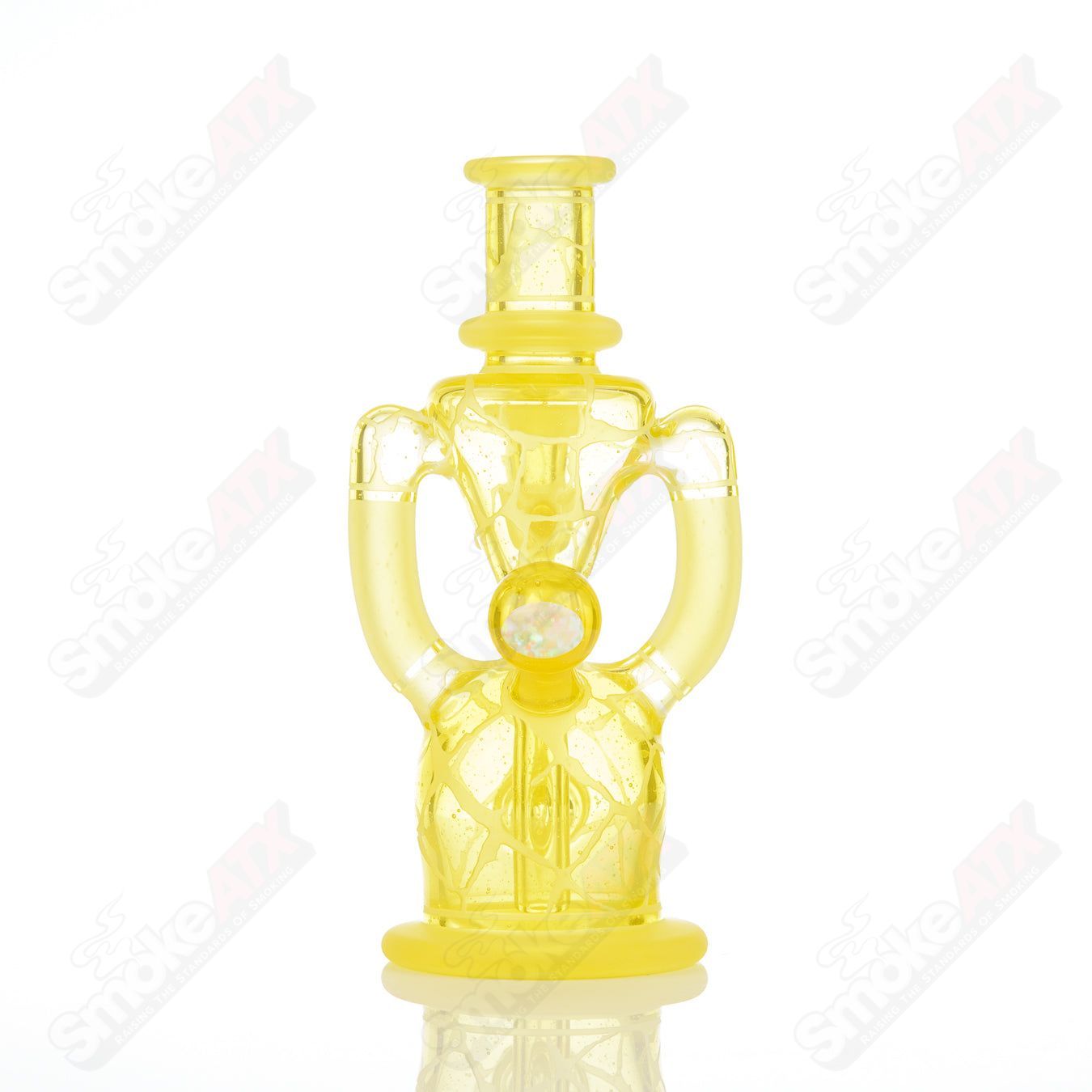 Lemon Drop single-color double-up rig by Rooster Glass, a heady glass concentrate rig with vibrant yellow design and clear glass accents.