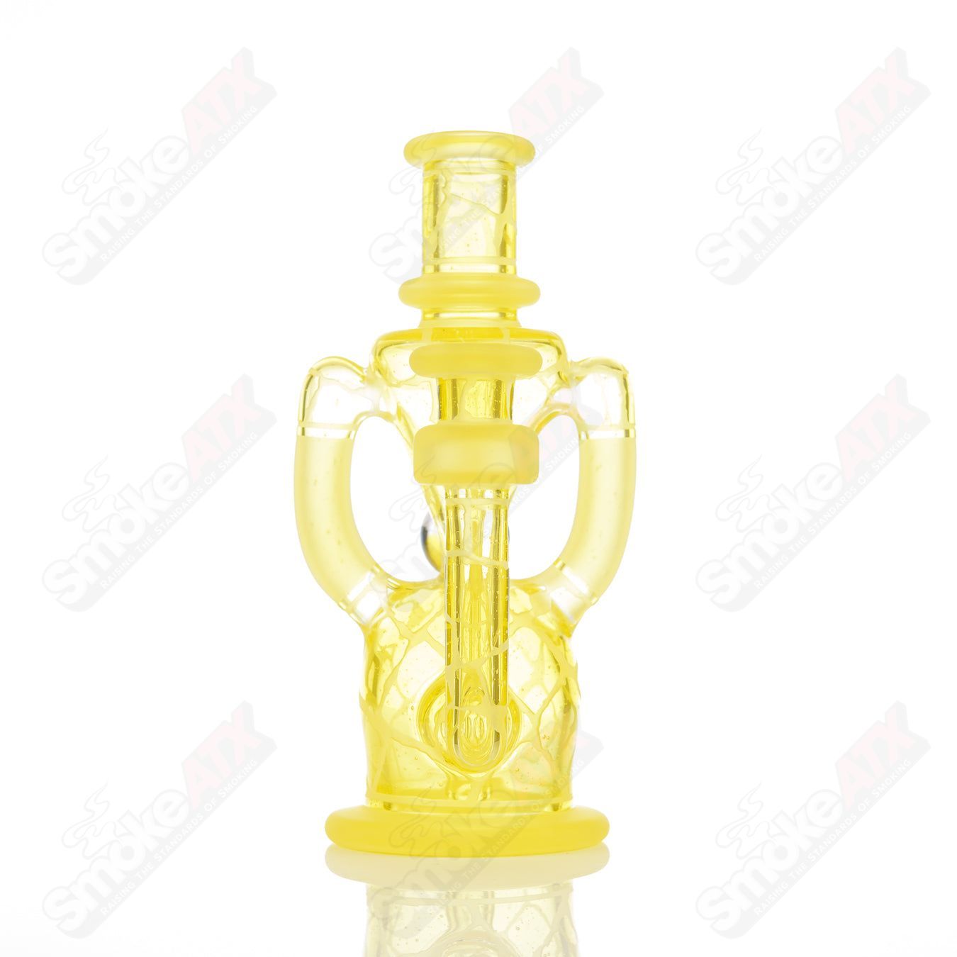 Lemon Drop double-up rig by Rooster Glass, heady concentrate rig with vibrant yellow color and intricate glass design.