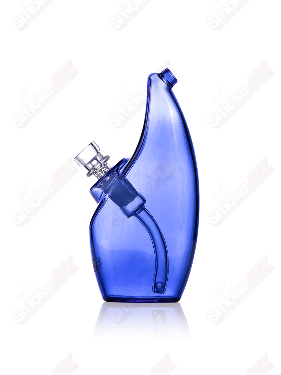 Light cobalt glass rain bubbler waterpipe by Grav, featuring a detailed water filtration design and smooth, rounded shape.