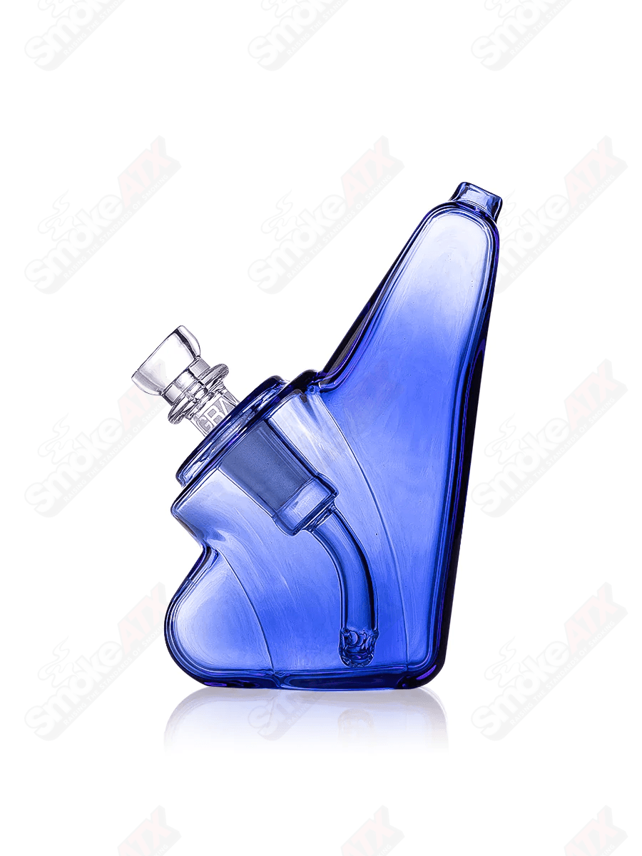 Light cobalt wedge-shaped bubbler waterpipe by Grav Labs, featuring a clear glass body and intricate design details.