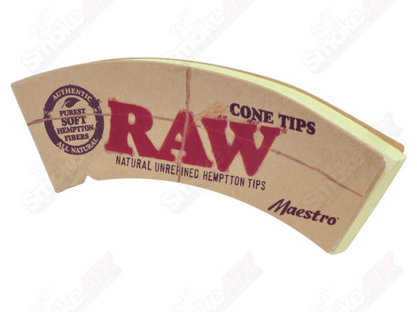 RAW Maestro Cone Tips Raw, natural paper rolling tips for hand-rolled cigarettes, shown in a close-up image.