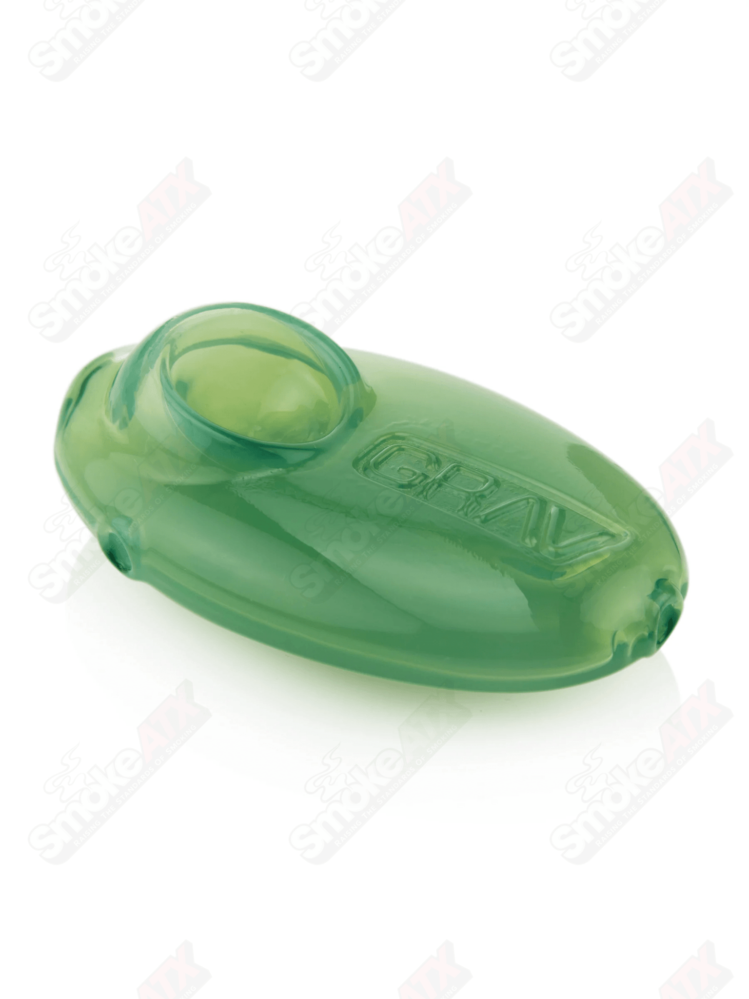 Mint green pebble-shaped glass spoon pipe by Grav Labs, featuring a smooth, rounded design for easy handling and use.