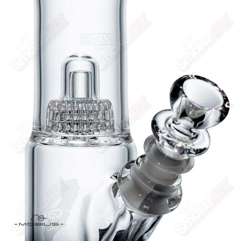 Nano Matrix V2 Mobius glass waterpipe with intricate design, featuring clear glass and a sturdy base.