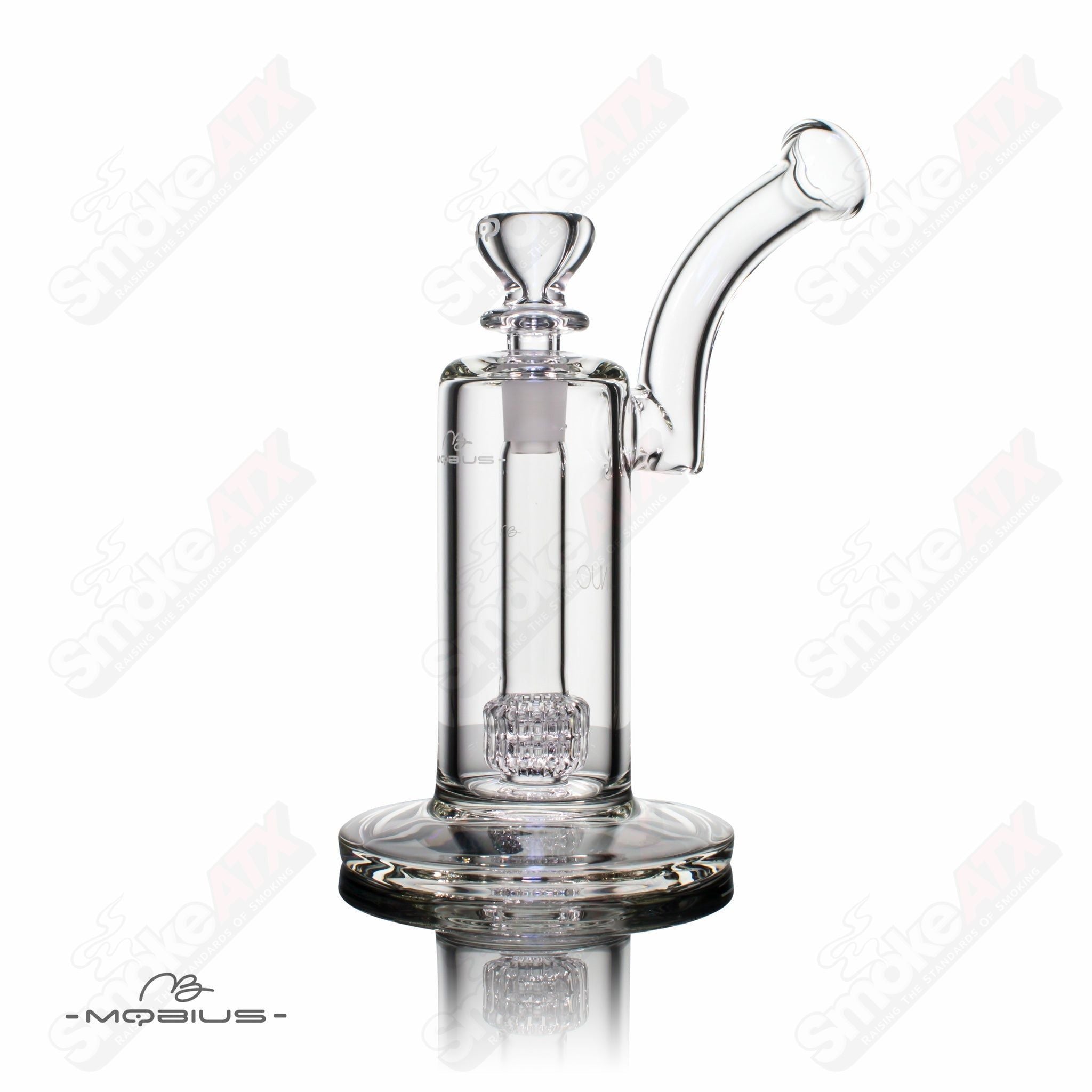 Colorful Nuc Matrix Mobius heady glass bubbler with intricate design and clear glass accents.