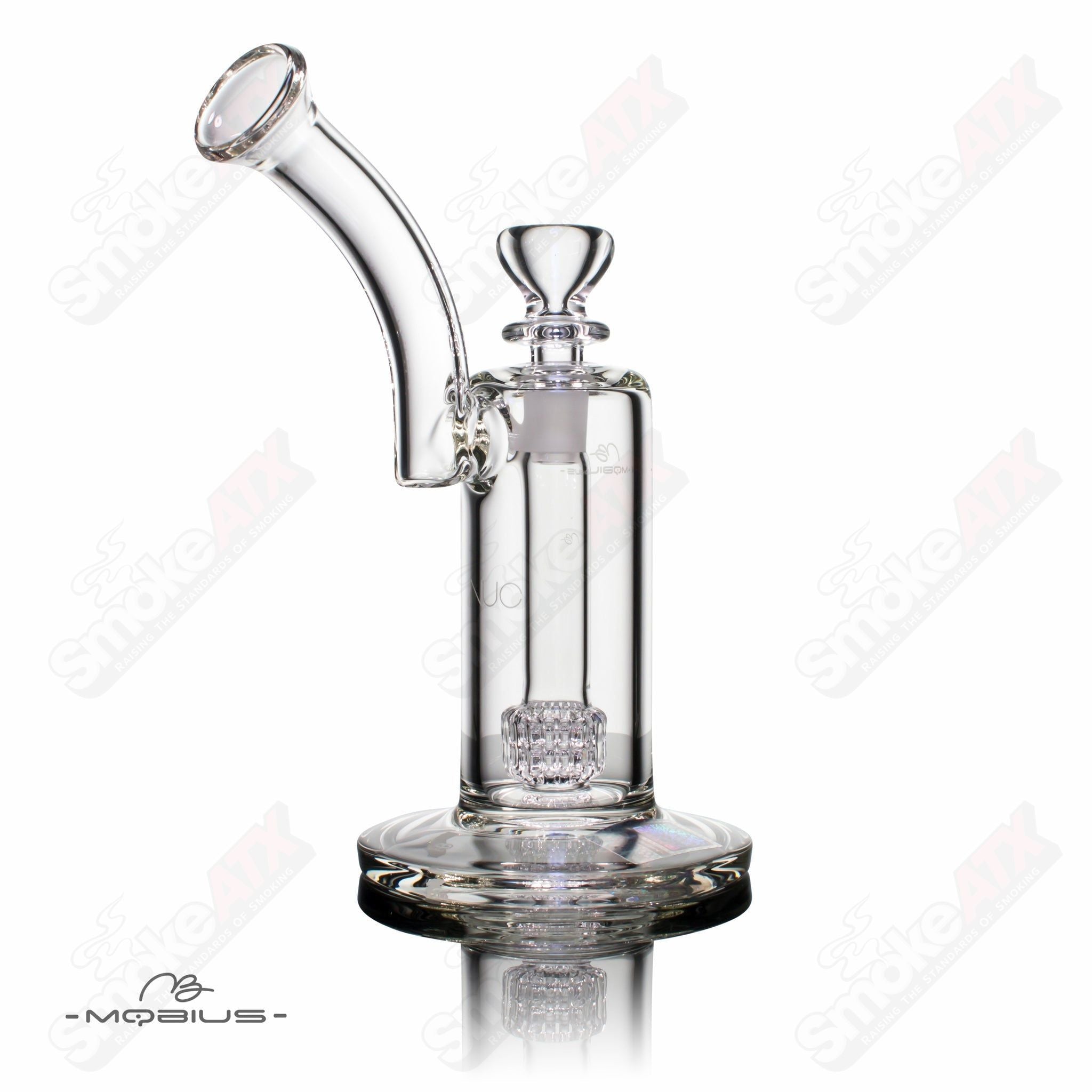 Mobius Nuc Matrix Heady Glass Bubbler with intricate glass design and clear body, showcasing detailed craftsmanship.