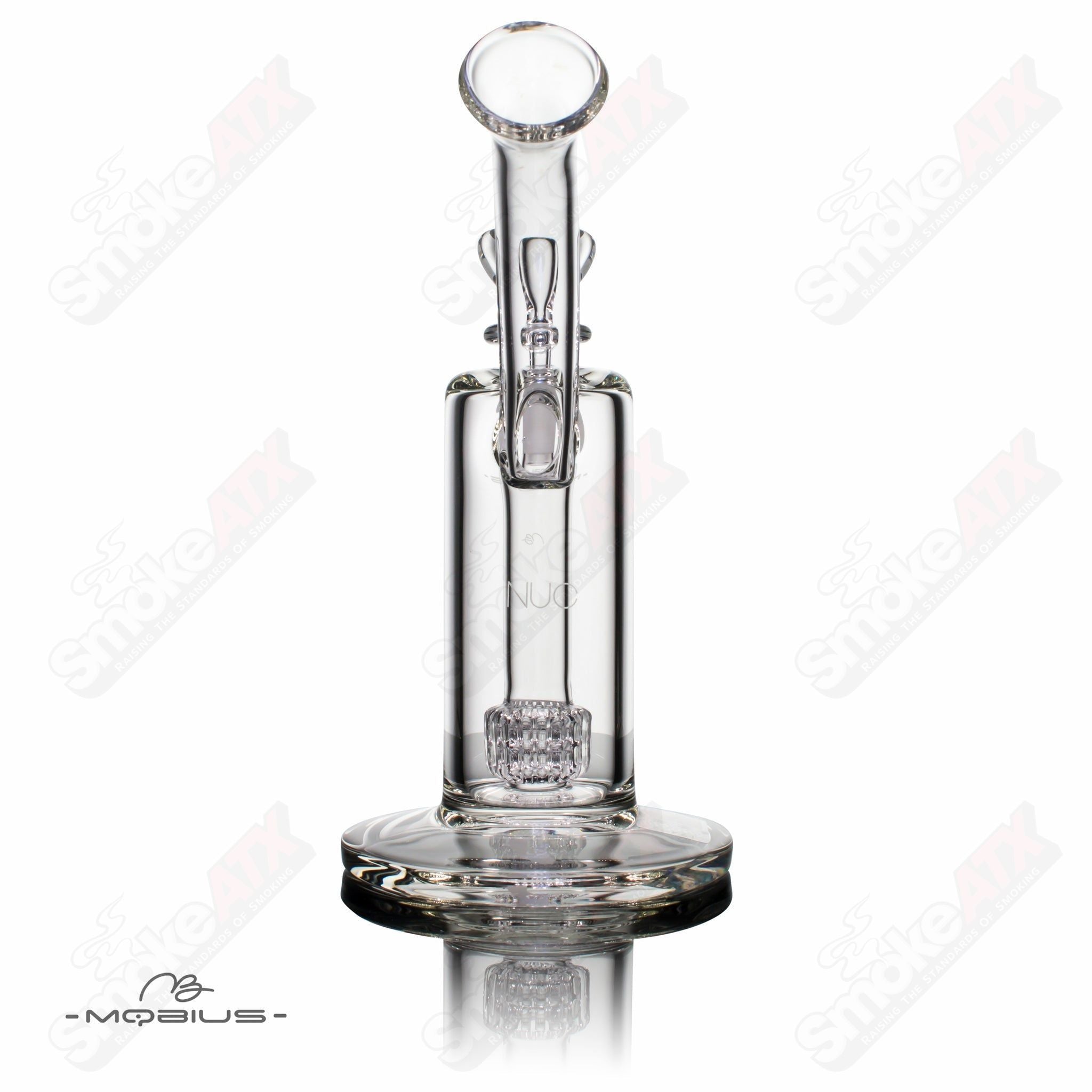 Mobius Nuc Matrix Heady Glass Bubbler with intricate glass design and clear glass body showing detailed craftsmanship.