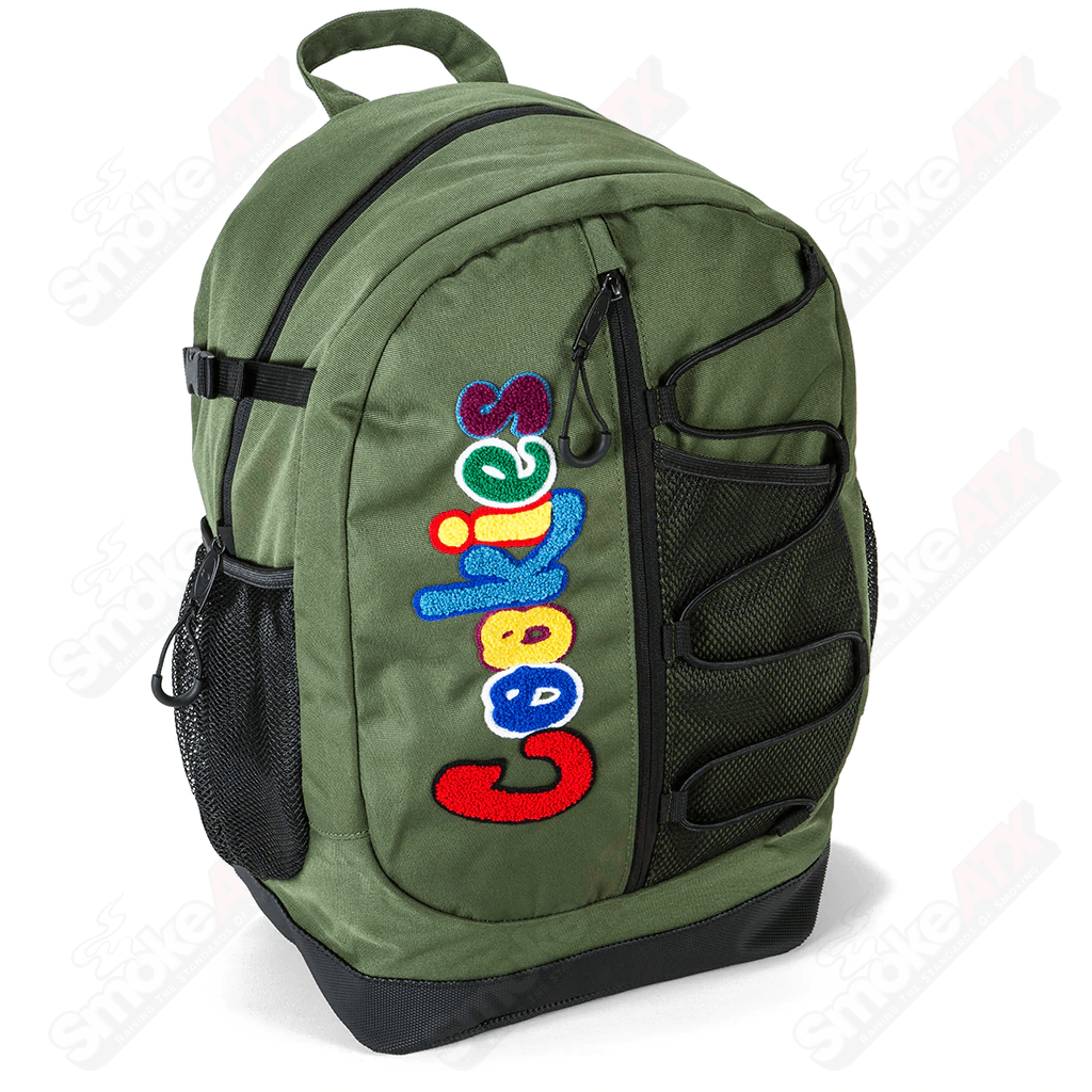 Olive Cookies Bungee Chenille Backpack with adjustable straps and front pocket, stylish lifestyle bag by Cookies.