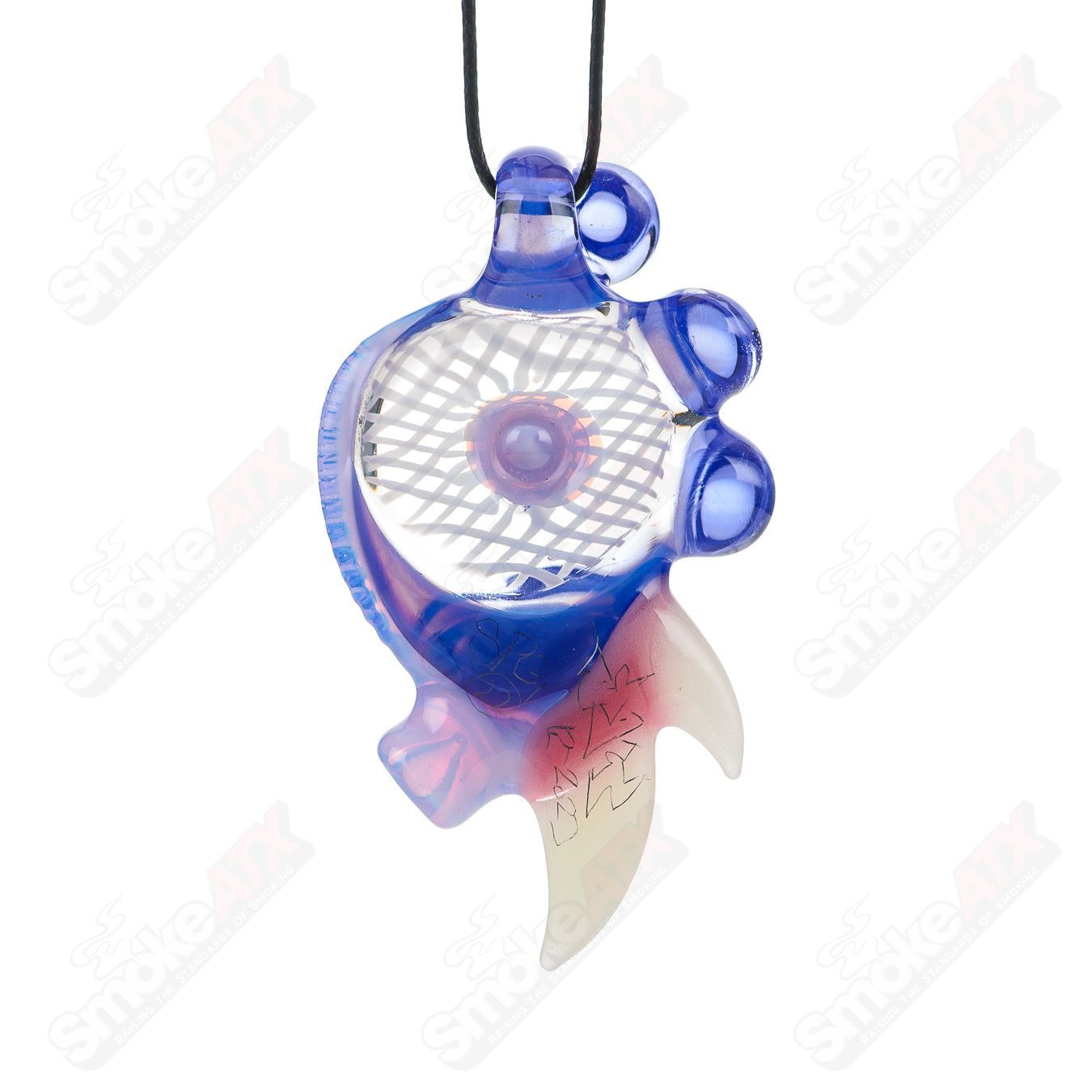 Salt Glass Lotus White, Lucid, Neptune pendant, Heady Glass jewelry featuring a detailed Lotus design in clear and vibrant colors.