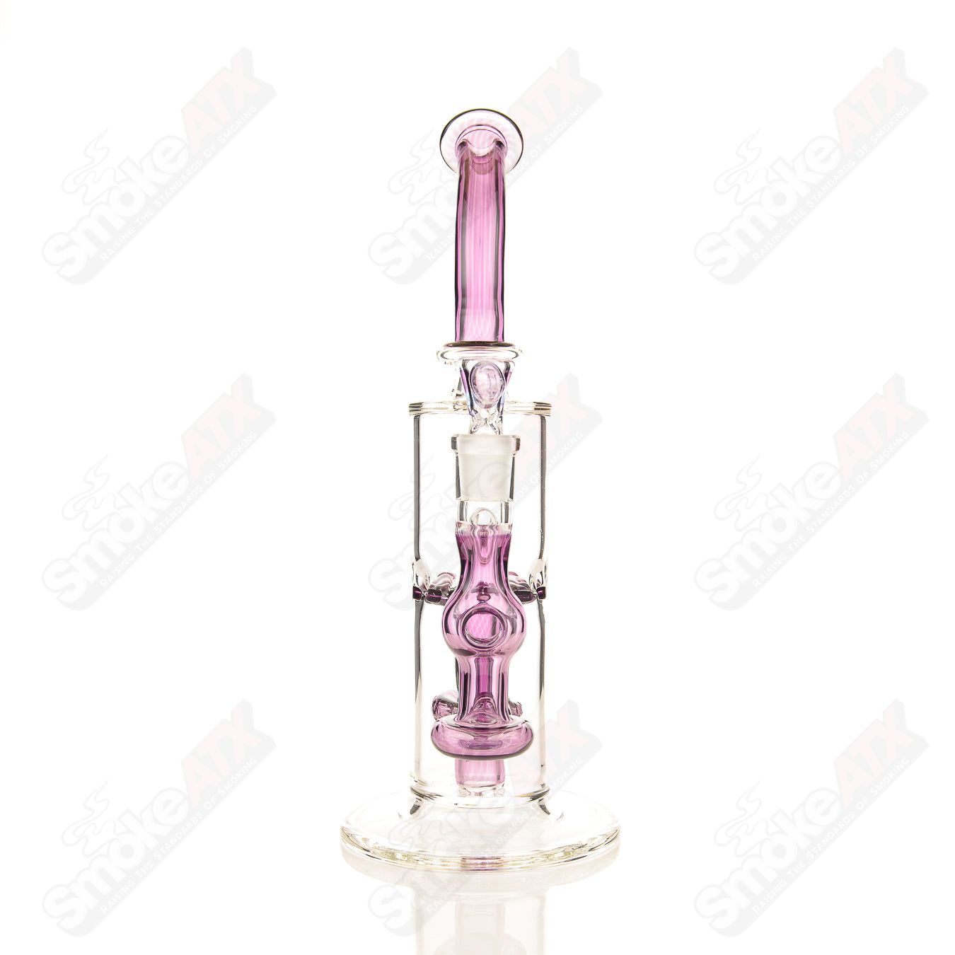 Purple Amethyst Belly Dump Perc Tube by Texas Hot Glass, glass concentrate rig with vibrant purple design and intricate percolator.