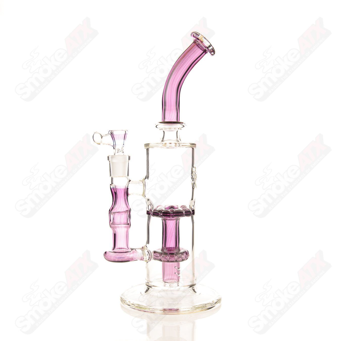 Purple Amethyst Belly Dump Perc Tube by Texas Hot Glass, a glass concentrate rig with a vibrant purple design and intricate percolator.
