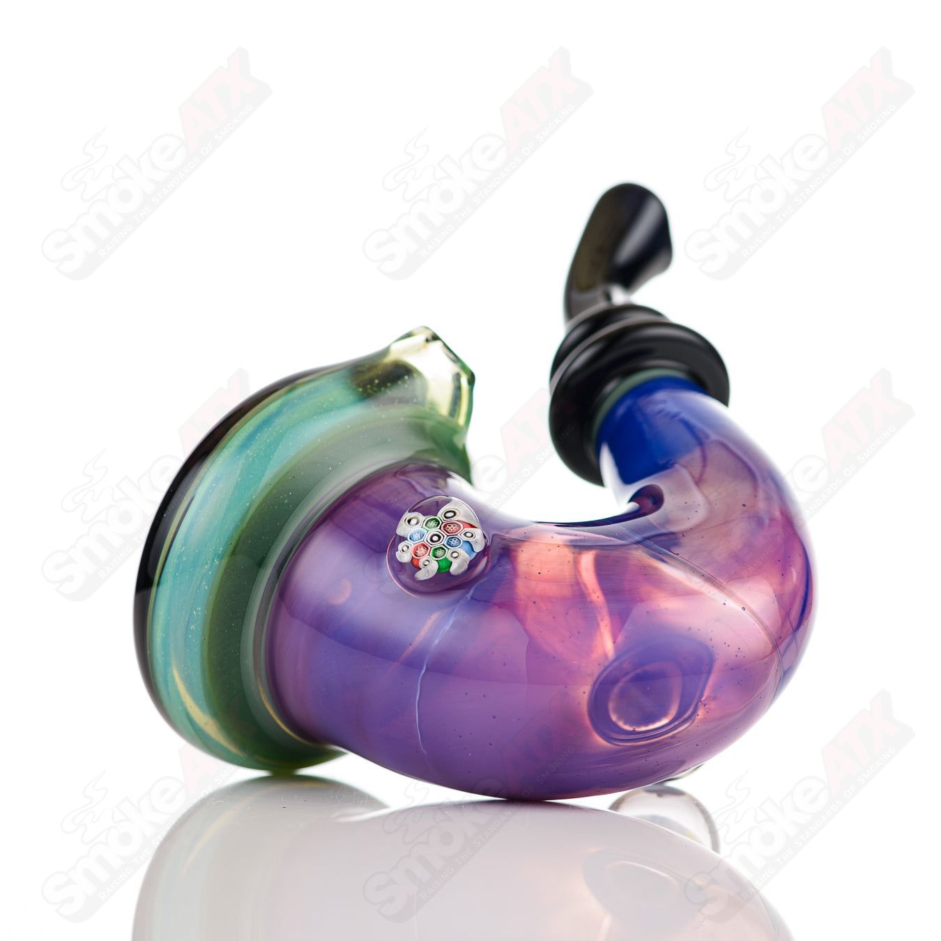 Purple and blue Sherlock glass pipe by JMass, handcrafted heady glass with intricate design and smooth mouthpiece.
