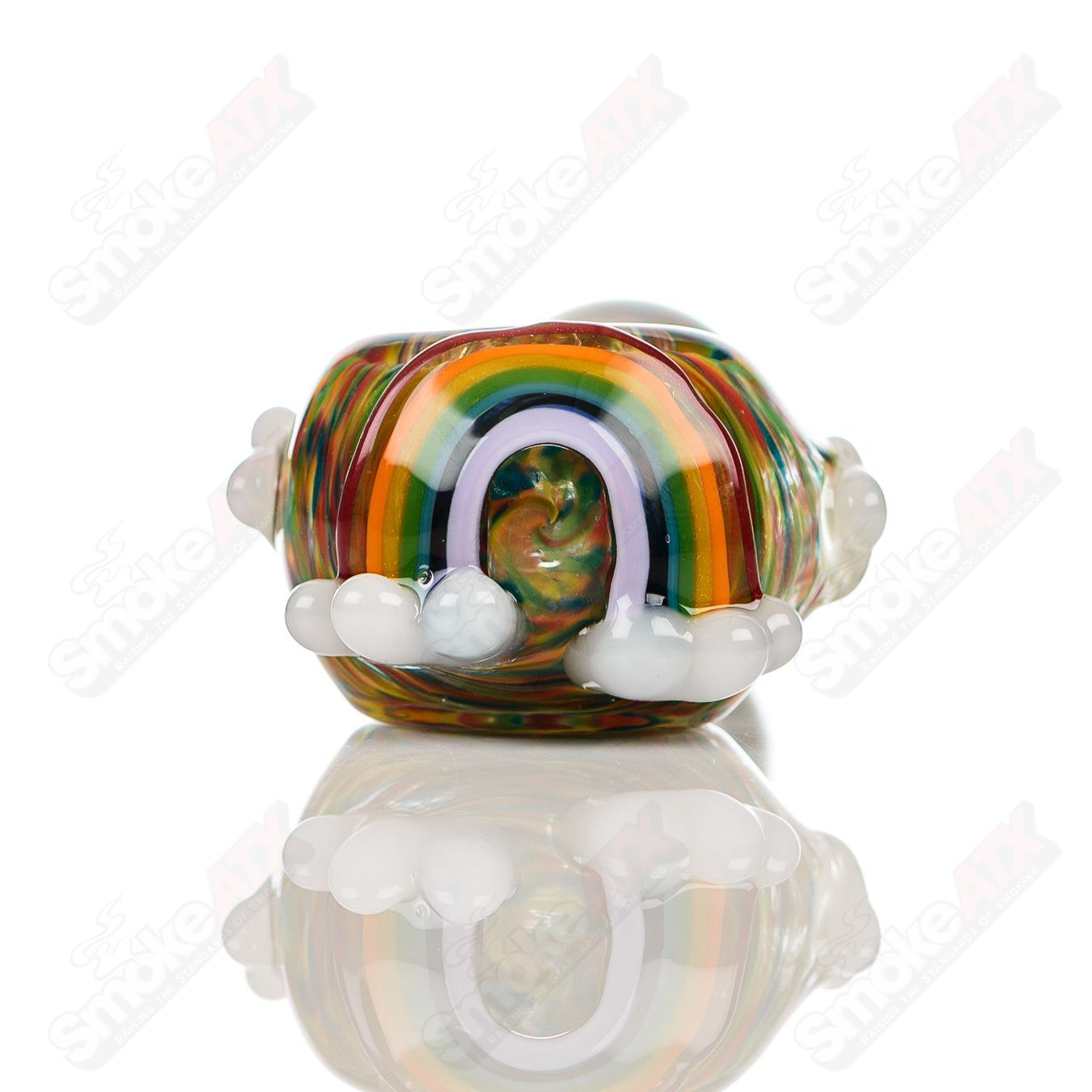 Colorful Rainbow Frit Spoon Pipe by Four Winds Flameworks, handcrafted glass smoking pipe with vibrant rainbow design.