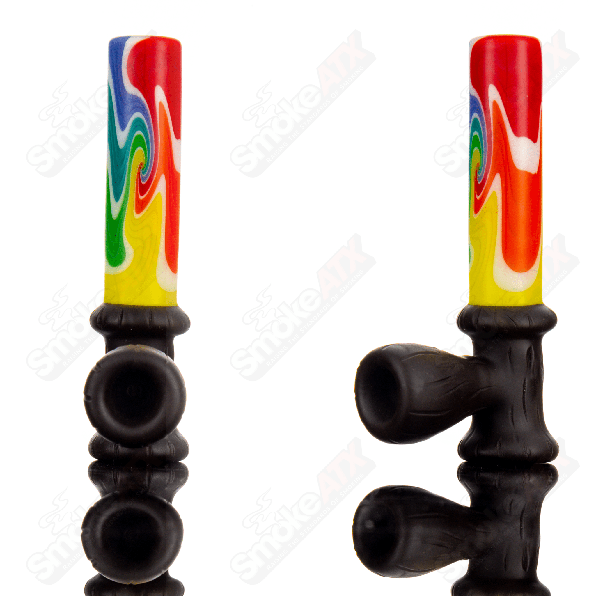 Rainbow and wood peace pipe by Chad G Glass, heady hand pipe with colorful rainbow and natural wood design.