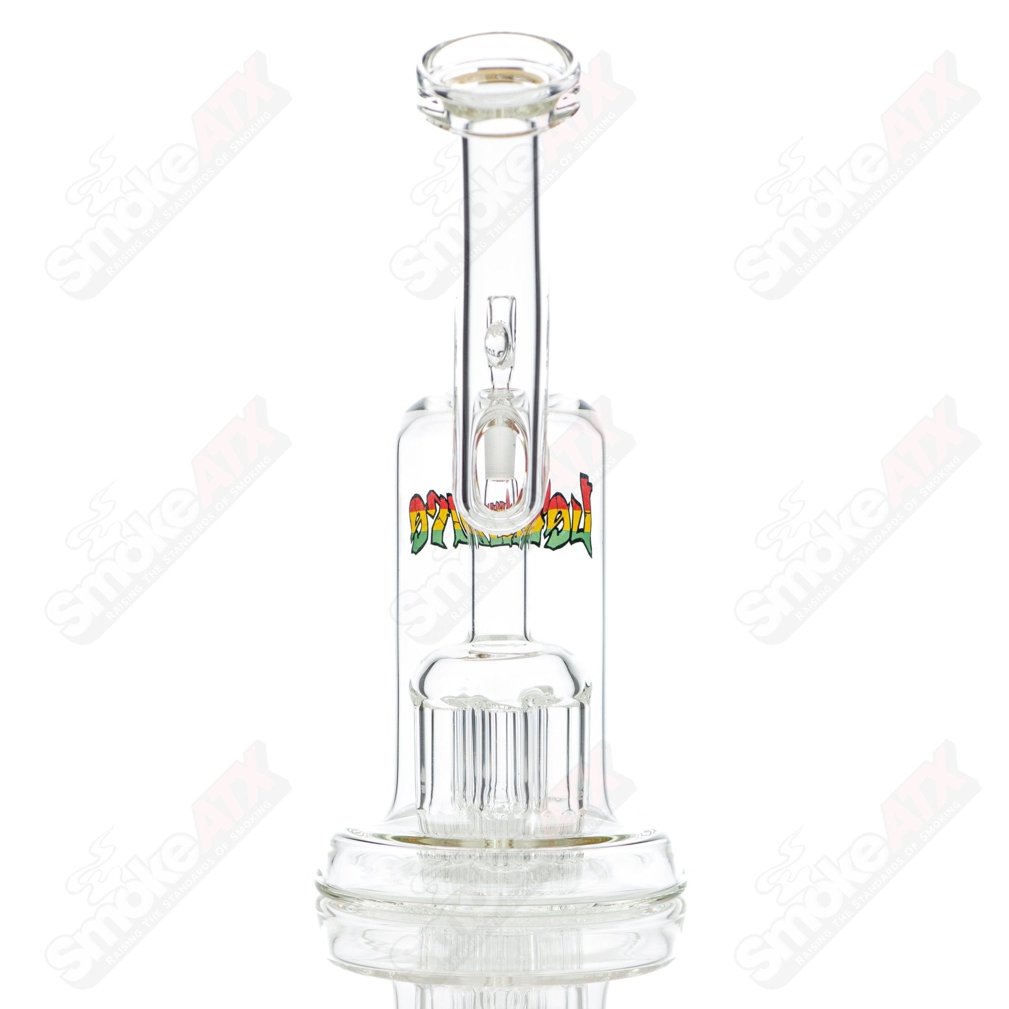 Leisure Glass Rasta 44 Mag Leisure concentrate rig with colorful Rasta design and clear glass body for dabbing concentrates.