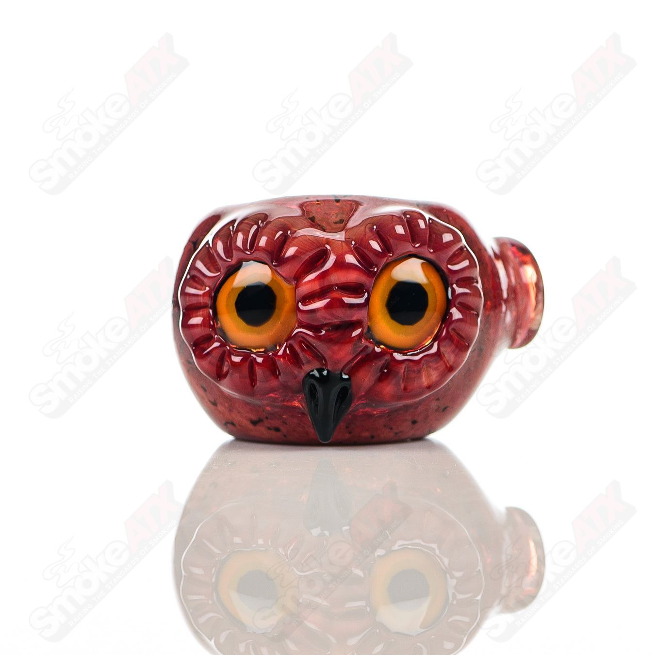 Red spotted owl glass pipe by Four Winds Flameworks, featuring intricate red and black spotted owl design, handblown for smoking.