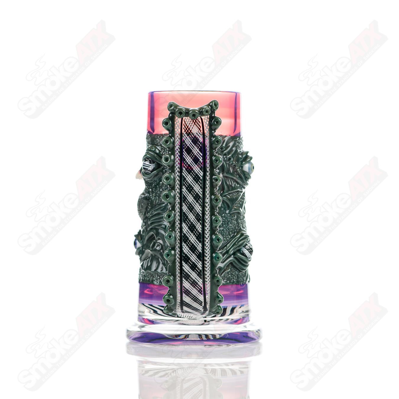 Salt Glass Reticello Many Face Drinking Mug, handcrafted heady glass cup with intricate reticello design and multiple face patterns.
