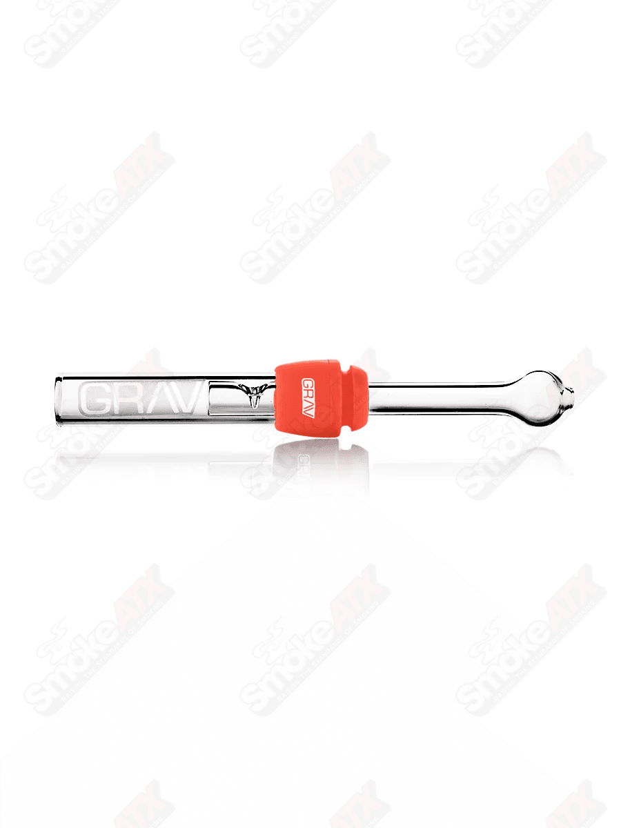 Scarlet orange Grav glass chillum with a smooth, rounded design and clear glass accents for smoking or display.