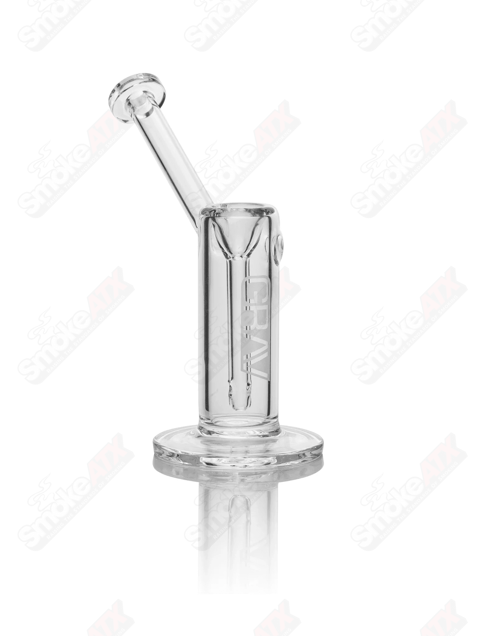Small clear glass upright bubbler pipe by Grav, featuring a compact design with a smooth, transparent glass construction.