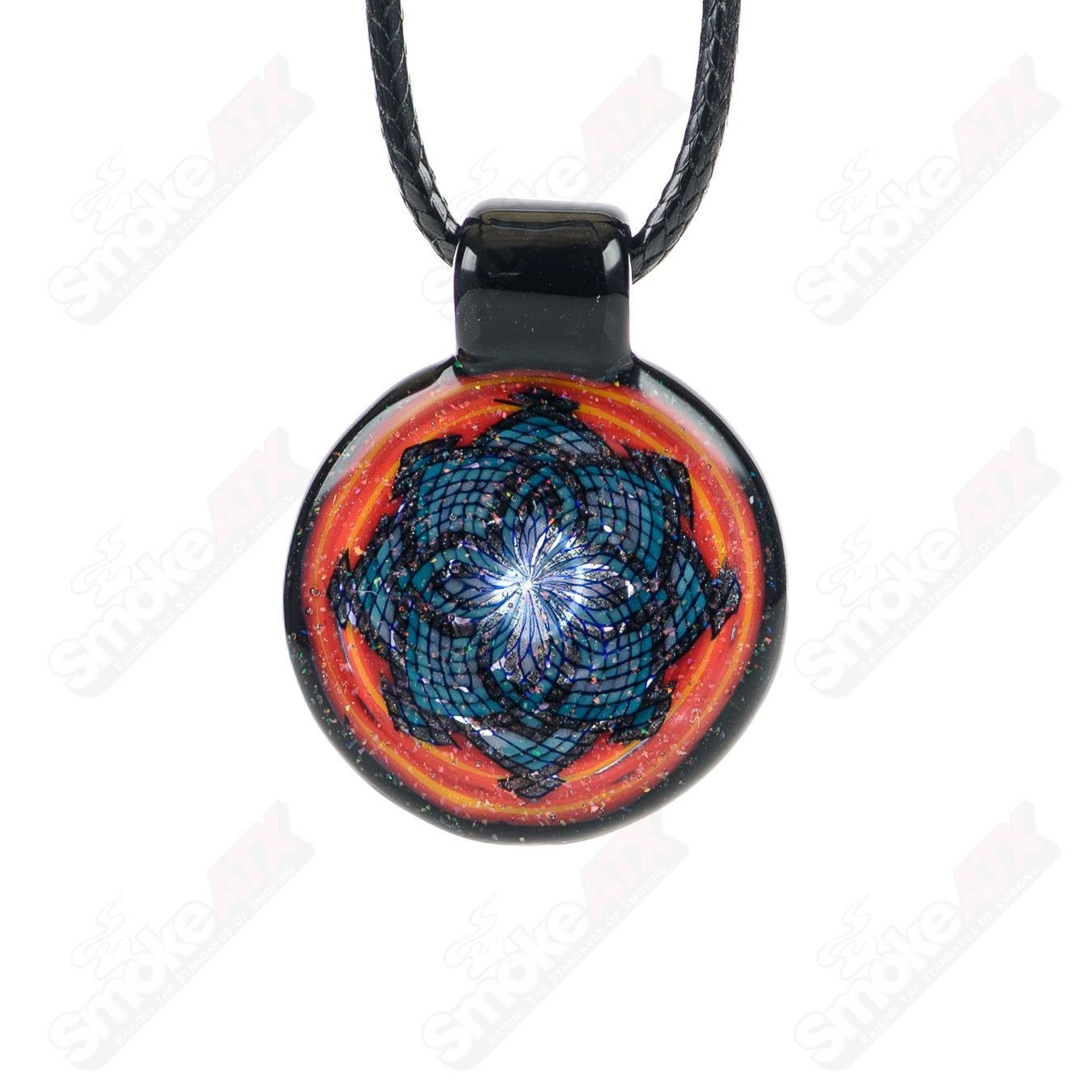 Small Filla pendant by John W Glass, colorful heady glass pendant with intricate design and vibrant hues.