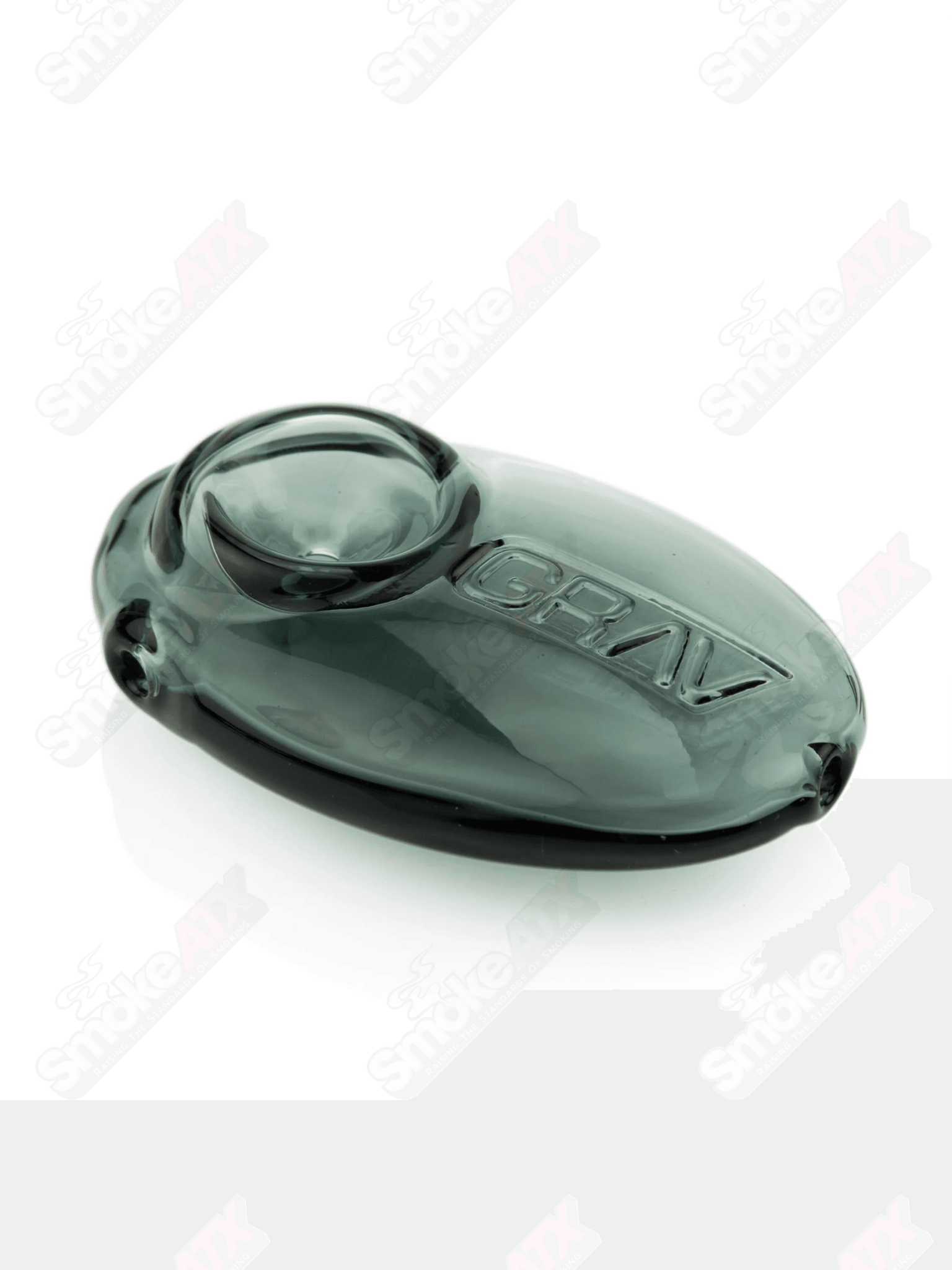 Smoke grey pebble-shaped glass spoon pipe by Grav Labs, showcasing a smooth, rounded design and clear glass bowl.
