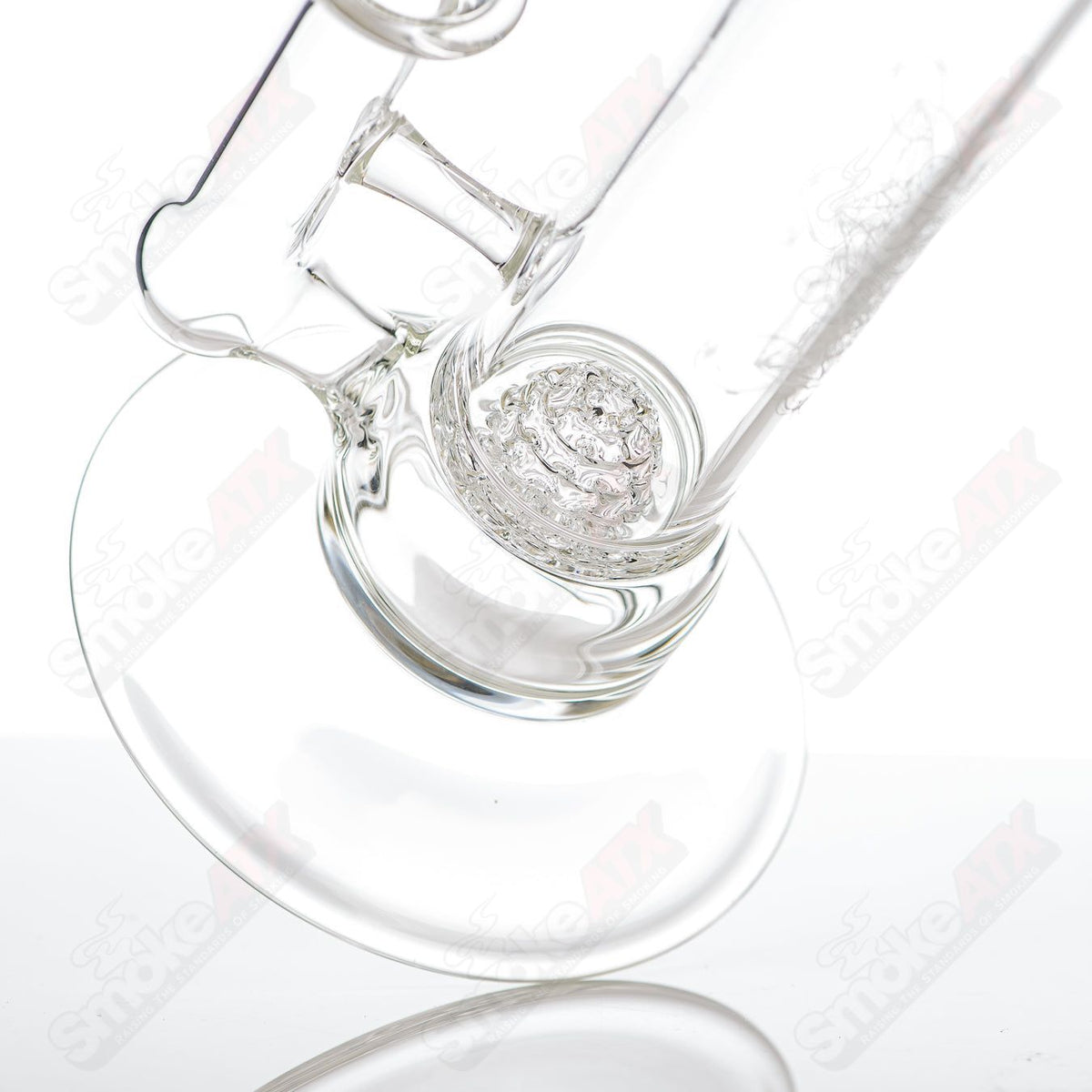 Clear glass straight tube with lace-sphere design by SoL Glassworks, showcasing intricate craftsmanship and smooth, transparent surface.