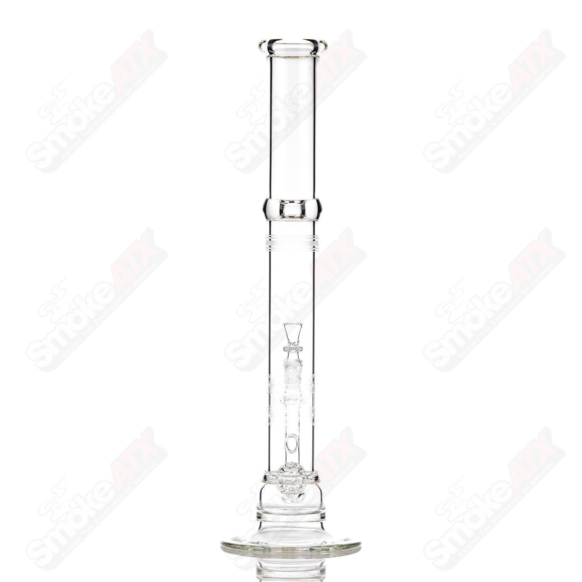 Clear glass straight tube with lace-sphere design by SoL Glassworks, showcasing intricate craftsmanship and smooth finish.