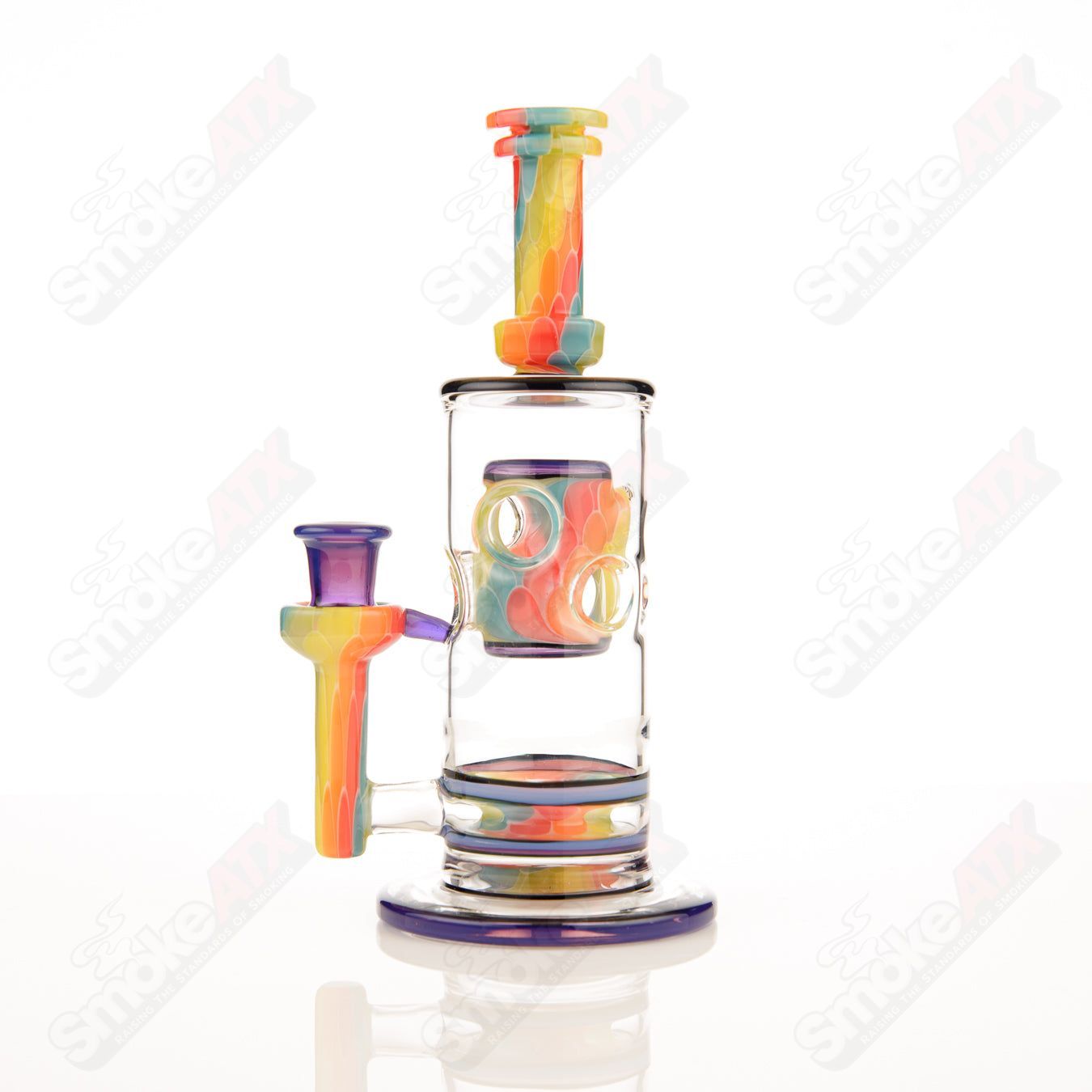 GD Glass Straight Fab concentrate rig with Indo perc and focused fire design, featuring clear glass with intricate percolator details.