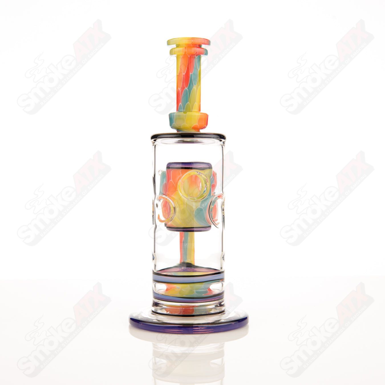 GD Glass Straight Fab concentrate rig with Indo Perc and Focused Fire design, featuring clear glass and intricate percolator details.