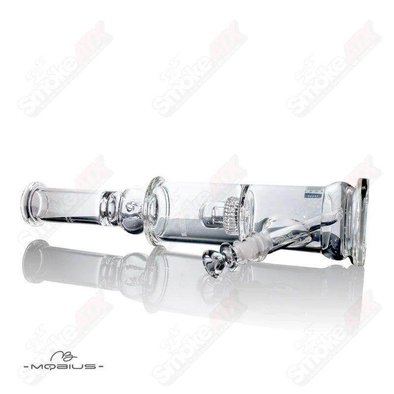 Clear Mobius Strato Matrix V2 glass waterpipe with intricate design and sturdy construction, ideal for smooth, filtered smoking sessions.