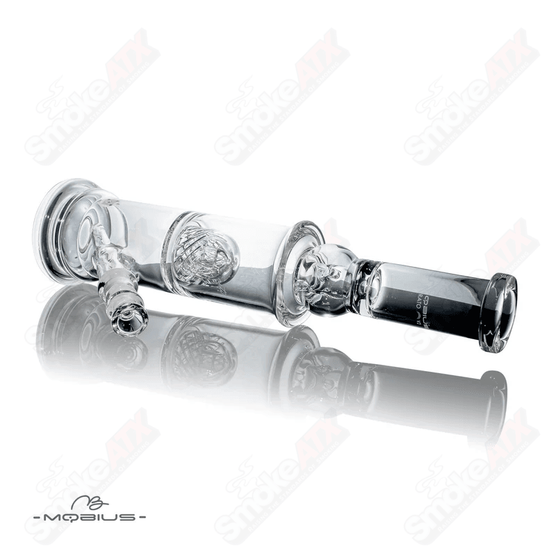Mobius Strato Reti V2 glass waterpipe with clear design, featuring intricate glasswork and a sleek, modern appearance.