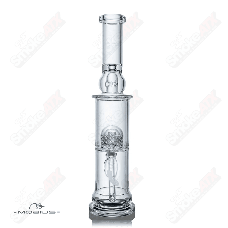 Clear glass Mobius Strato Reti V2 waterpipe with intricate design and multi-chamber setup.