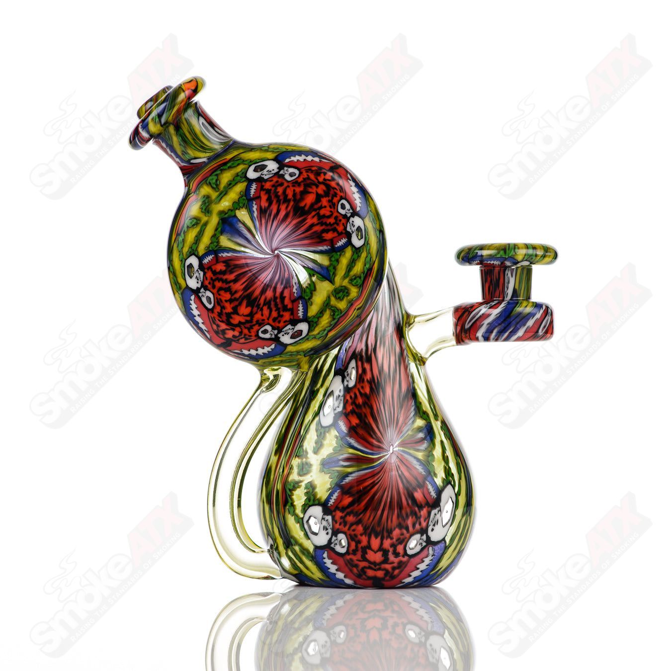 Heady glass infinity bottle featuring The Grateful Dead design by Earl Jr x AKM, showcasing intricate colors and patterns.