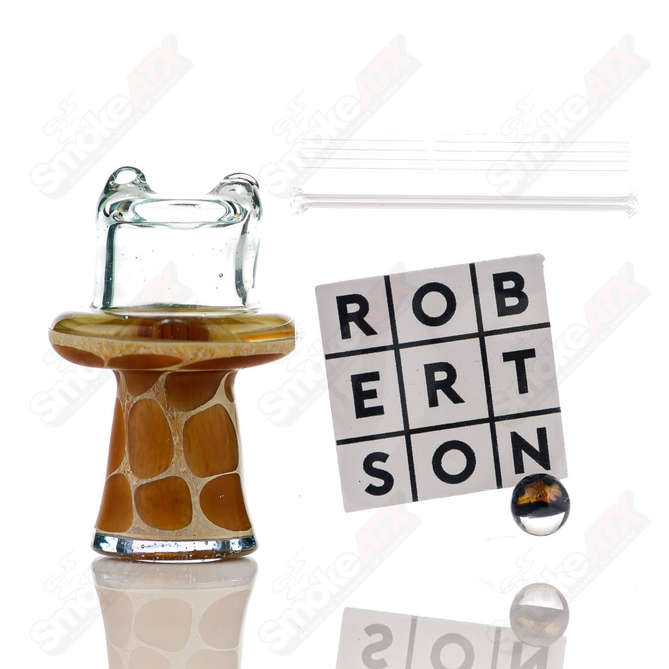 Transparent blue giraffe spinner cap with pearl accents from Robertson Glass, designed for heady glass carb caps.