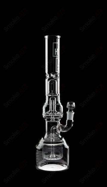 HiSi Glass Triple Geyser Perc 23-inch beaker waterpipe made of clear HiSi glass with intricate percolator design