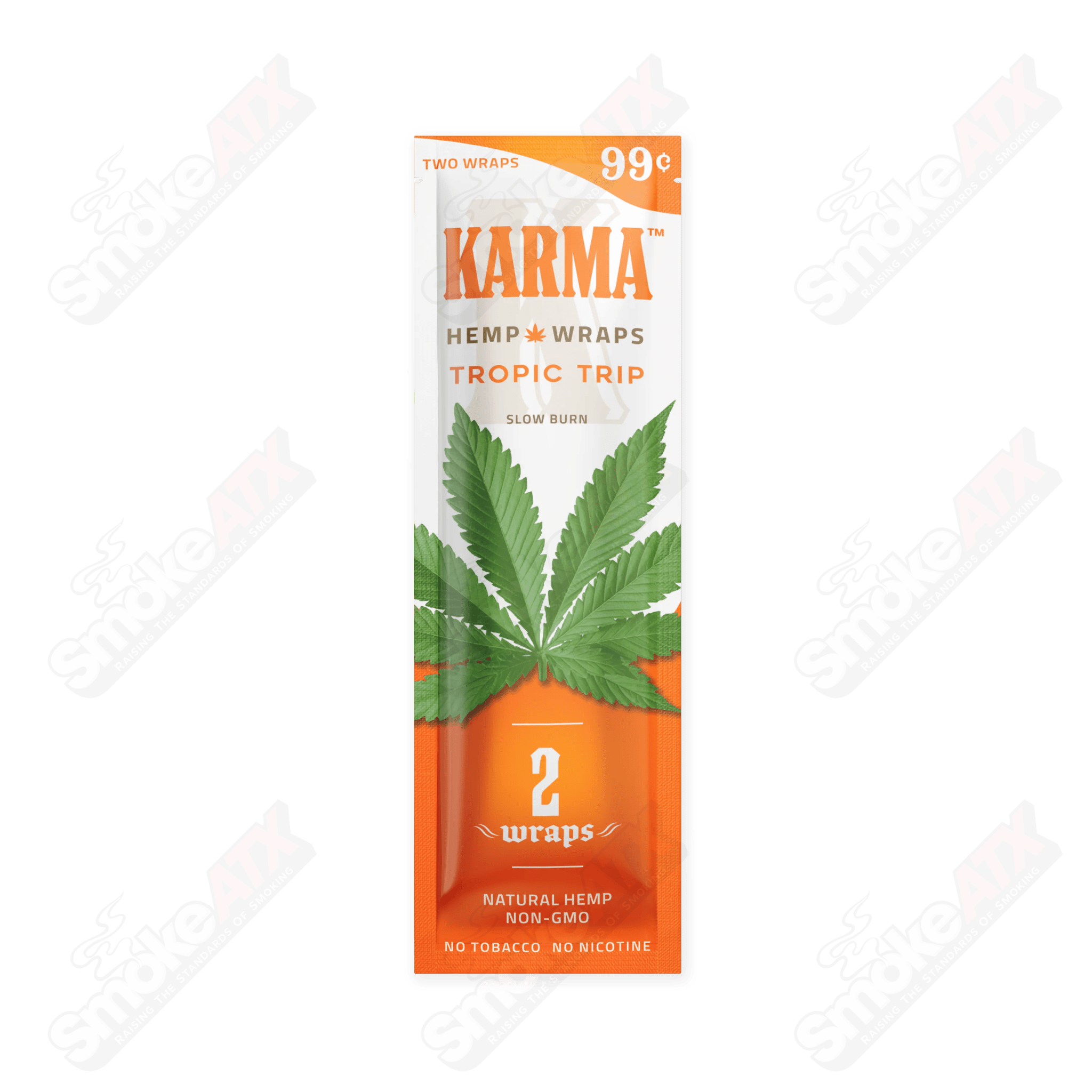 Karma Tropic Trip Hemp Wraps, tobacco wraps with tropical fruit design, showcasing colorful packaging and hemp wraps.