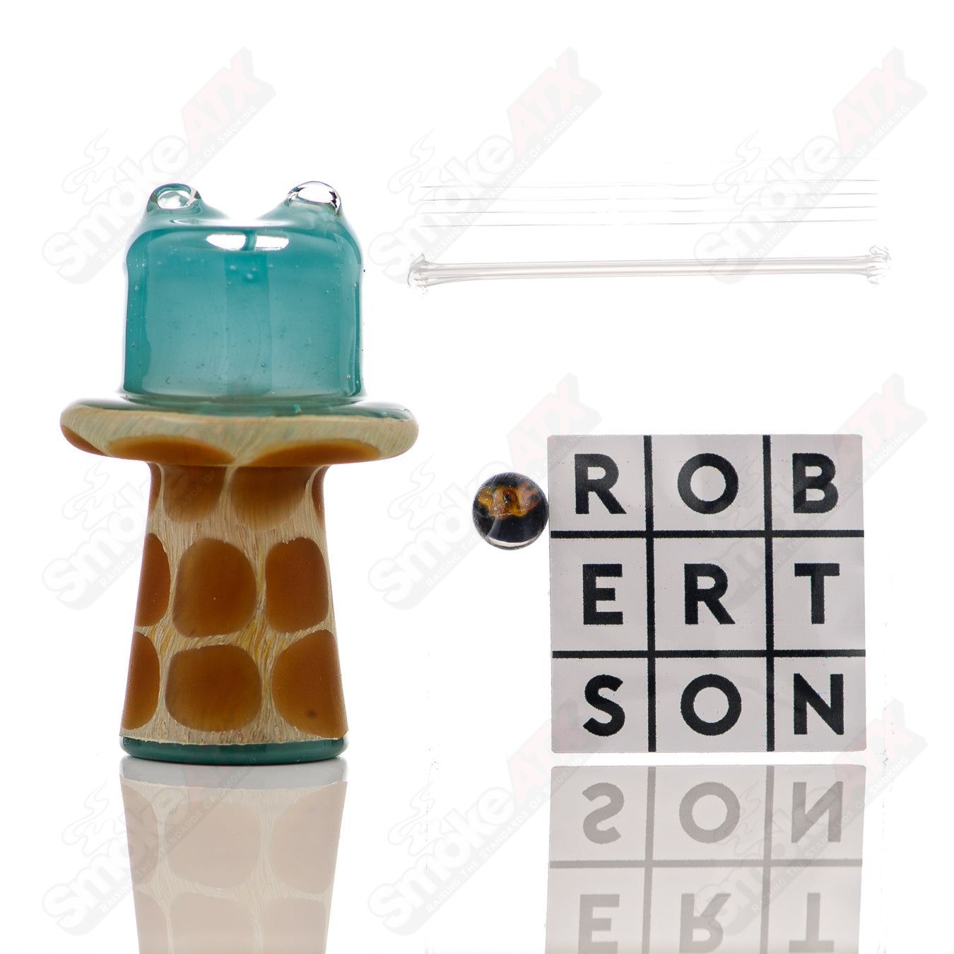 Turquoise giraffe spinner cap with pearl accents on Robertson Glass heady glass carb cap, detailed and colorful design.