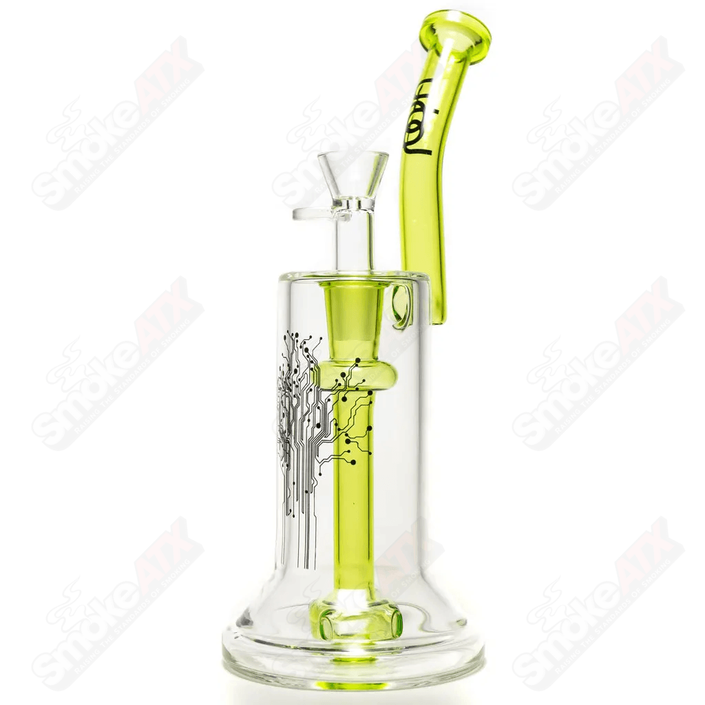 Urbal Technologies 18mm hybrid glass bubbler with 4-hole diffuser, showcasing clear glass and intricate design details.